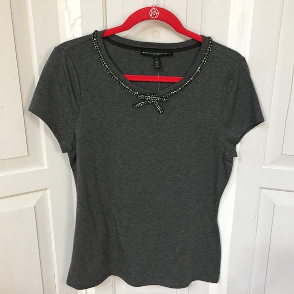 White House Black Market Gray Top w/ Rhinestone Bow Neckline NWT - Picture 1 of 13